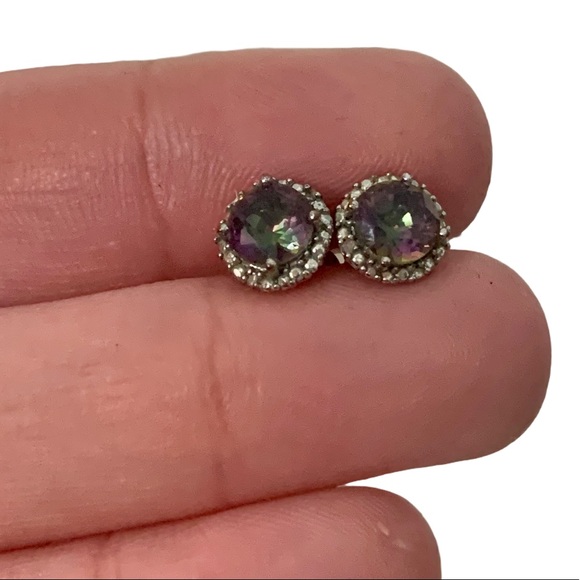 Lesa Michele Cubic Zirconia Rainbow Topaz Halo Stud Earrings - Picture 5 of 13